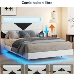 Lit 160x200 cm,avec port de chargement USB et éclairage LED,Cadre de lit, lit flottant avec Tête de lit triangle,Lit adulte,Blanc