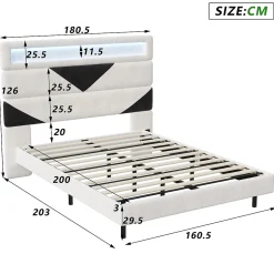Lit 160x200 cm,avec port de chargement USB et éclairage LED,Cadre de lit, lit flottant avec Tête de lit triangle,Lit adulte,Blanc