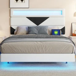 Lit 160x200 cm,avec port de chargement USB et éclairage LED,Cadre de lit, lit flottant avec Tête de lit triangle,Lit adulte,Blanc