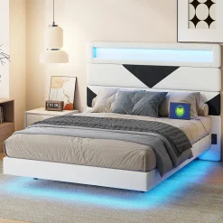 Lit 160x200 cm,avec port de chargement USB et éclairage LED,Cadre de lit, lit flottant avec Tête de lit triangle,Lit adulte,Blanc