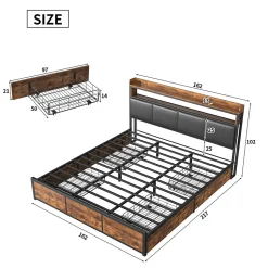 Lit 160x200 cuir PU noir, cadre métal, LED, tête de lit avec rangement, tiroirs, design moderne pour enfants/ados