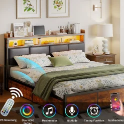 Lit 160x200 cuir PU noir, cadre métal, LED, tête de lit avec rangement, tiroirs, design moderne pour enfants/ados