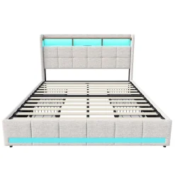 Lit 180x200 Sommier LED Et 2 USB, Type-c, Lit Capitonné Lit Double Avec 4 Tiroirs, Lin, Beige