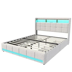 Lit 180x200 Sommier LED Et 2 USB, Type-c, Lit Capitonné Lit Double Avec 4 Tiroirs, Lin, Beige