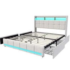 Lit 180x200 Sommier LED Et 2 USB, Type-c, Lit Capitonné Lit Double Avec 4 Tiroirs, Lin, Beige