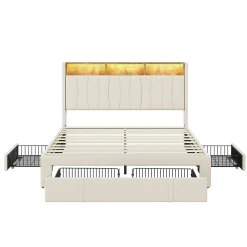 Lit 160x200 Sommier LED et USB, Type-C,Lit Capitonné Lit Double avec 4 Tiroirs,Velours, Beige