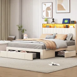 Lit 160x200 Sommier LED et USB, Type-C,Lit Capitonné Lit Double avec 4 Tiroirs,Velours, Beige