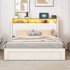 Lit 160x200 Sommier LED et USB, Type-C,Lit Capitonné Lit Double avec 4 Tiroirs,Velours, Beige