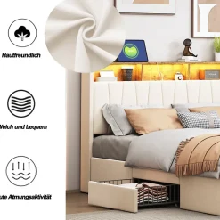 Lit 160x200 Sommier LED et USB, Type-C,Lit Capitonné Lit Double avec 4 Tiroirs,Velours, Beige