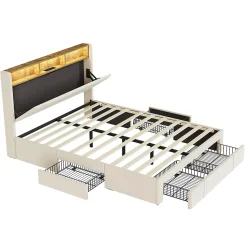 Lit 160x200 Sommier LED et USB, Type-C,Lit Capitonné Lit Double avec 4 Tiroirs,Velours, Beige