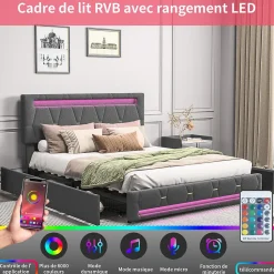 Lit 140x200cm avec 4 tiroirs + LED + sommier à lattes - lin - Gris