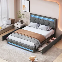 Lit 140x200cm avec 4 tiroirs + LED + sommier à lattes - lin - Gris