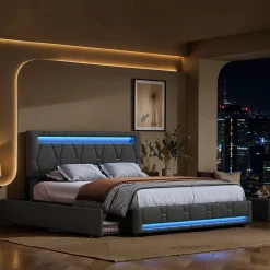 Lit 140x200cm avec 4 tiroirs + LED + sommier à lattes - lin - Gris