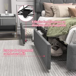 Lit 140x200cm avec 4 tiroirs + LED + sommier à lattes - lin - Gris