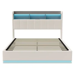 lit 140x200cm avec éclairage LED, Lit Coffre avec Sommier à Lattes, Prises, USB et Type-C, Velours