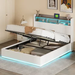 lit 140x200cm avec éclairage LED, Lit Coffre avec Sommier à Lattes, Prises, USB et Type-C, Velours