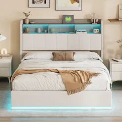 lit 140x200cm avec éclairage LED, Lit Coffre avec Sommier à Lattes, Prises, USB et Type-C, Velours