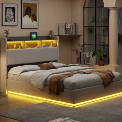 lit 140x200cm avec éclairage LED, Lit Coffre avec Sommier à Lattes, Prises, USB et Type-C, Velours