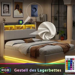 lit 140x200cm avec éclairage LED, Lit Coffre avec Sommier à Lattes, Prises, USB et Type-C, Velours