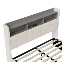 lit 160x200cm avec éclairage LED, Lit Coffre avec Sommier à Lattes, Prises, USB et Type-C, Velours