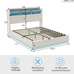 lit 160x200cm avec éclairage LED, Lit Coffre avec Sommier à Lattes, Prises, USB et Type-C, Velours