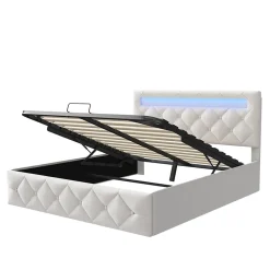 Lit 160x200cm avec LED - Sommier à Lattes - Grand Rangement - Beige