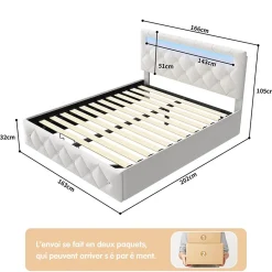Lit 160x200cm avec LED - Sommier à Lattes - Grand Rangement - Beige