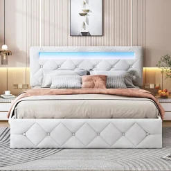 Lit 160x200cm avec LED - Sommier à Lattes - Grand Rangement - Beige