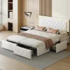 Lit 140x200cm avec LED tête de lit relevable, Lit capitonné avec 4 tiroirs et Rangement Lit, Blanc