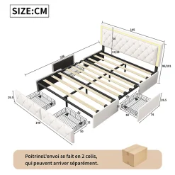 Lit 140x200cm avec LED tête de lit relevable, Lit capitonné avec 4 tiroirs et Rangement Lit, Blanc