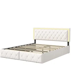 Lit 140x200cm avec LED tête de lit relevable, Lit capitonné avec 4 tiroirs et Rangement Lit, Blanc