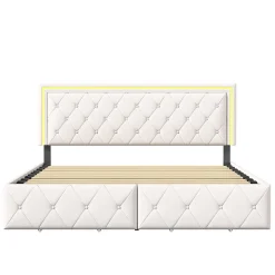 Lit 140x200cm avec LED tête de lit relevable, Lit capitonné avec 4 tiroirs et Rangement Lit, Blanc