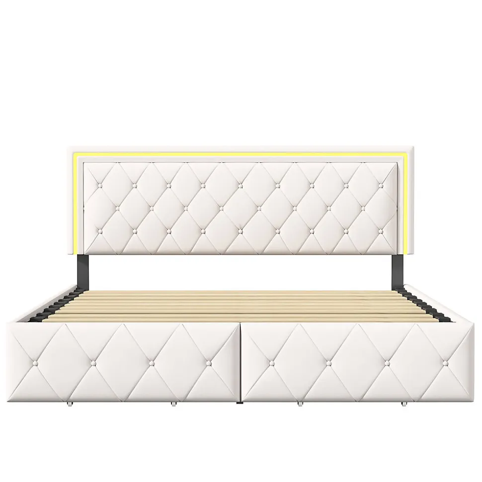 Lit 140x200cm avec LED tête de lit relevable, Lit capitonné avec 4 tiroirs et Rangement Lit, Blanc