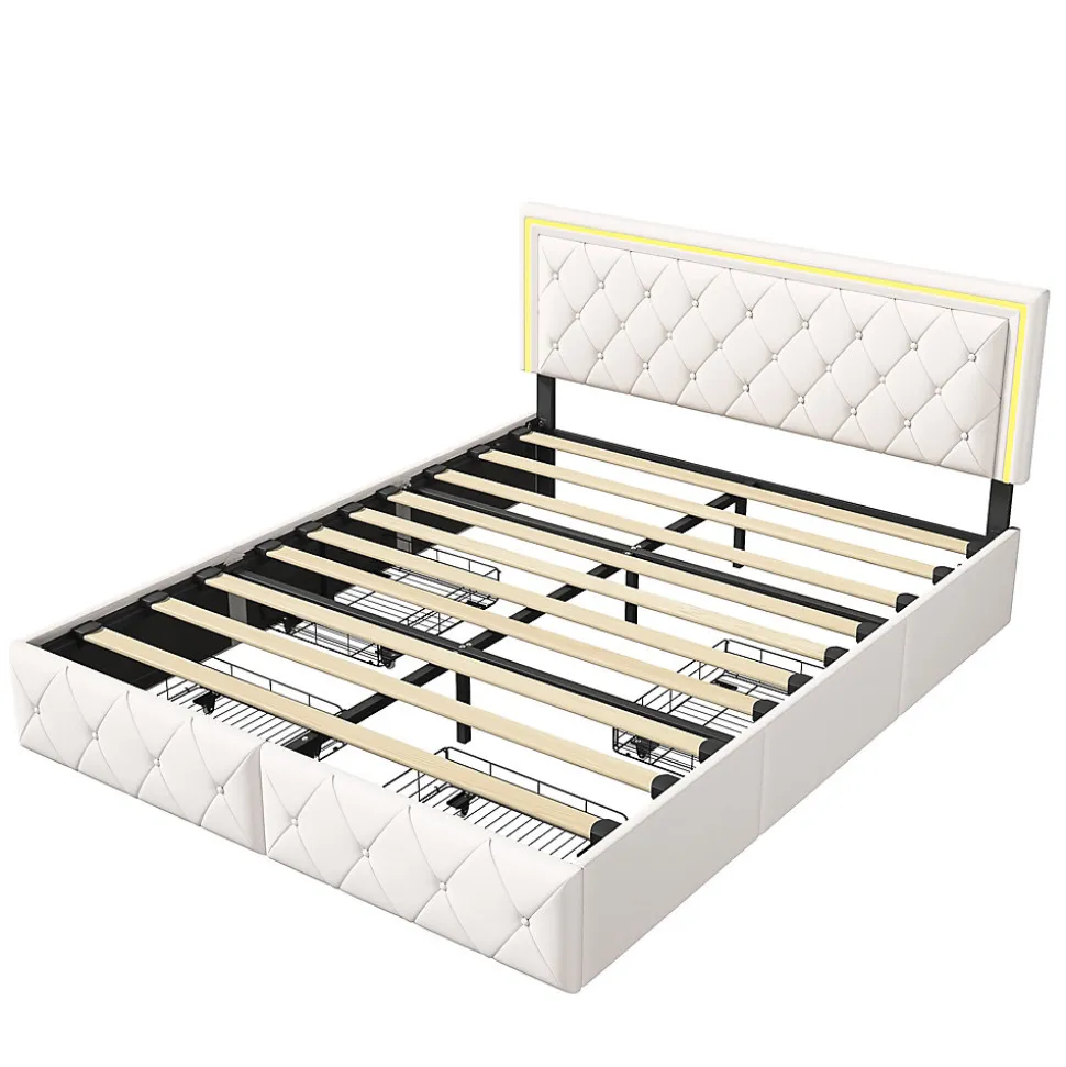 Lit 140x200cm avec LED tête de lit relevable, Lit capitonné avec 4 tiroirs et Rangement Lit, Blanc
