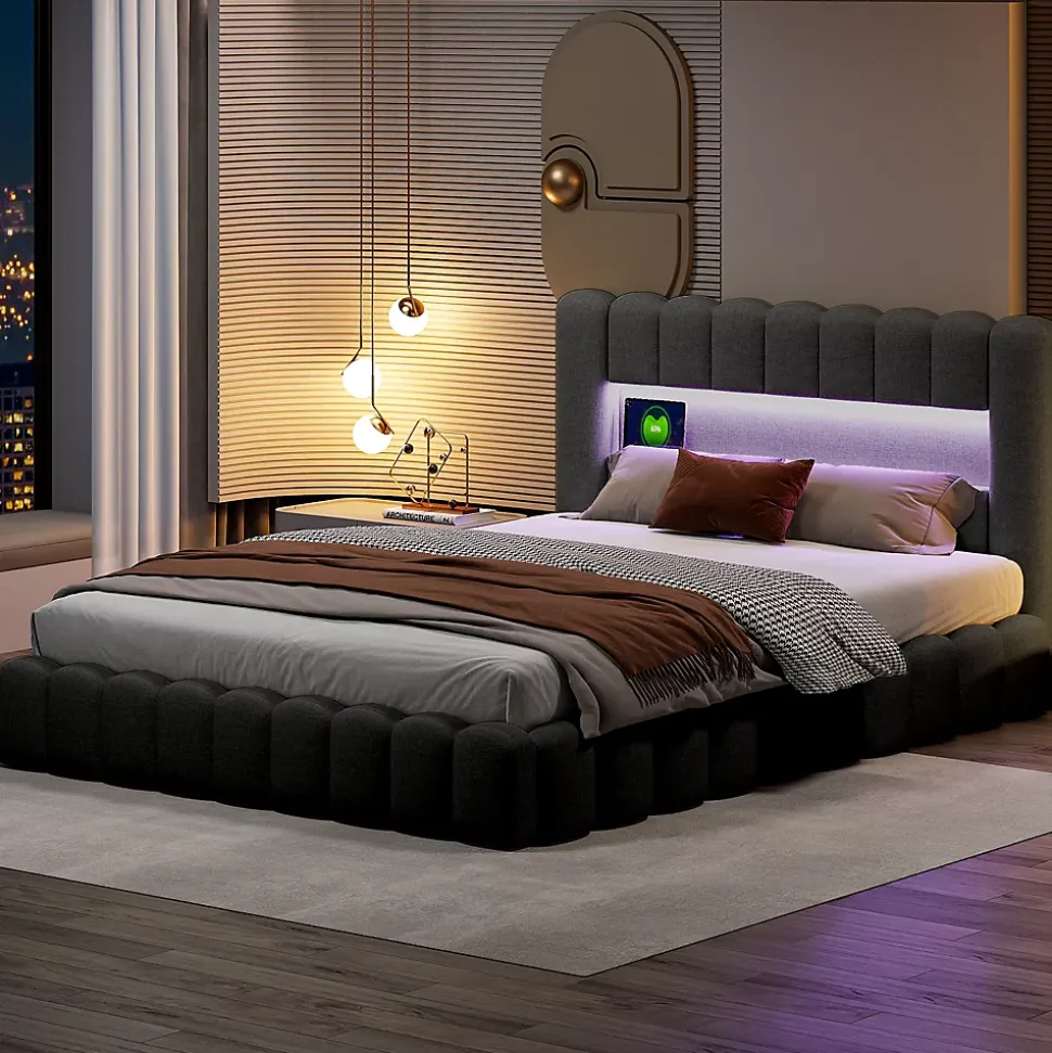 Lit 180x200cm avec LED tête de lit, Lit capitonné avec Rangement, Lit Coffre, Lin, Gris