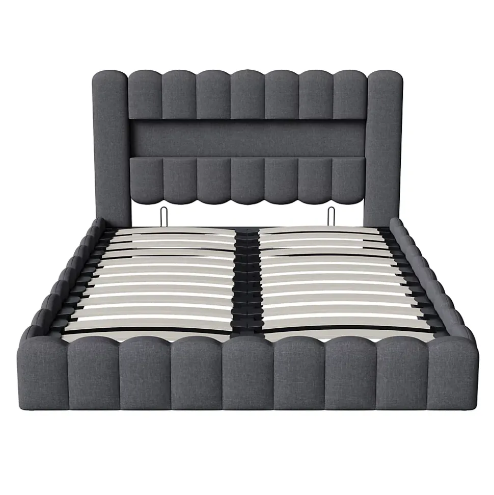 Lit 180x200cm avec LED tête de lit, Lit capitonné avec Rangement, Lit Coffre, Lin, Gris