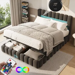 Lit 180x200cm avec LED tête de lit, Lit capitonné avec Rangement, Lit Coffre, Lin, Gris