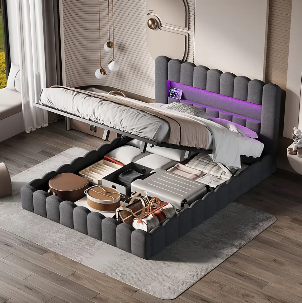 Lit 180x200cm avec LED tête de lit, Lit capitonné avec Rangement, Lit Coffre, Lin, Gris