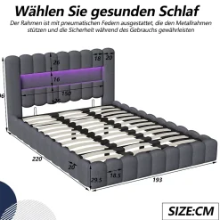 Lit 180x200cm avec LED tête de lit, Lit capitonné avec Rangement, Lit Coffre, Lin, Gris