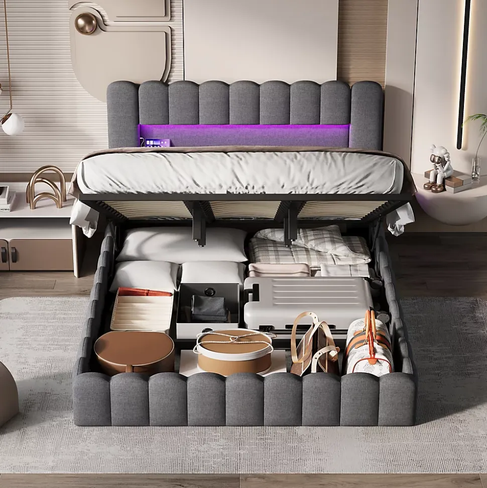 Lit 180x200cm avec LED tête de lit, Lit capitonné avec Rangement, Lit Coffre, Lin, Gris