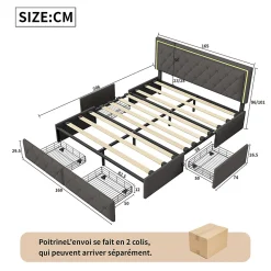 Lit 160x200cm Avec LED Tête De Lit Relevable, Lit Capitonné Avec 4 Tiroirs Et Rangement Lit, Gris