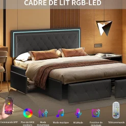 Lit 160x200cm Avec LED Tête De Lit Relevable, Lit Capitonné Avec 4 Tiroirs Et Rangement Lit, Gris