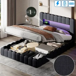 Lit 180x200cm avec LED tête de lit, Lit capitonné avec Rangement, Lit Coffre, Lin, Gris