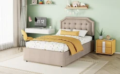 Lit 90x200cm, avec tiroirs et clous décoratifs, Beige