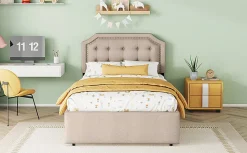 Lit 90x200cm, avec tiroirs et clous décoratifs, Beige