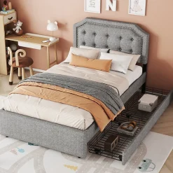 Lit 90x200cm, avec tiroirs et clous décoratifs, Gris