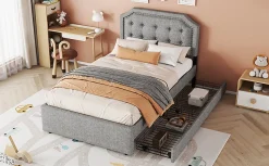 Lit 90x200cm, avec tiroirs et clous décoratifs, Gris