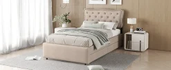 Lit 90x200cm, avec tiroirs et clous décoratifs, Beige