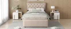 Lit 90x200cm, avec tiroirs et clous décoratifs, Beige