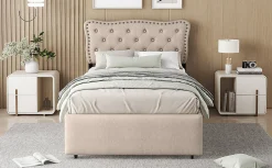 Lit 90x200cm, avec tiroirs et clous décoratifs, Beige